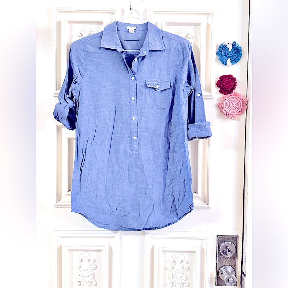 JCrew Chambray ¾th Button Down Long Sleeves [RollUp Button] Tunic Casual Blouse